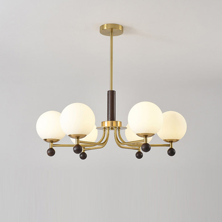 Modern Mid-Century Wood, Glass &amp; Iron Round 6/8-Light Chandelier For Bedroom &amp; Living Room