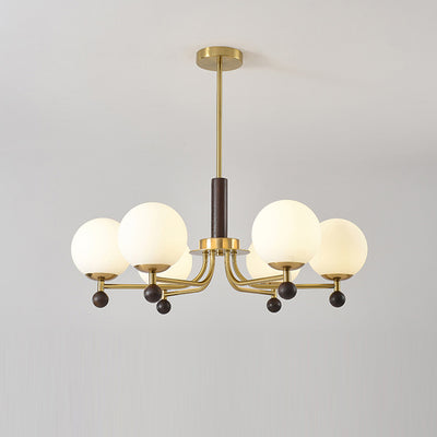 Modern Mid-Century Wood, Glass & Iron Round 6/8-Light Chandelier For Bedroom & Living Room
