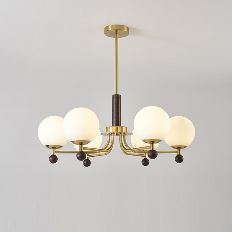 Modern Mid-Century Wood, Glass & Iron Round 6/8-Light Chandelier For Bedroom & Living Room