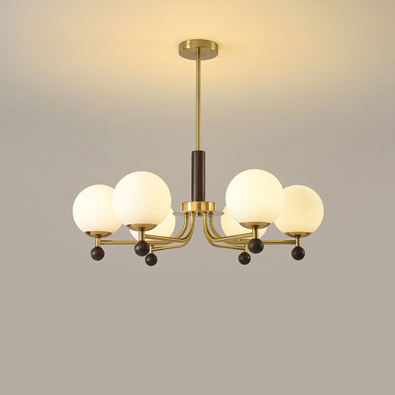 Modern Mid-Century Wood, Glass &amp; Iron Round 6/8-Light Chandelier For Bedroom &amp; Living Room