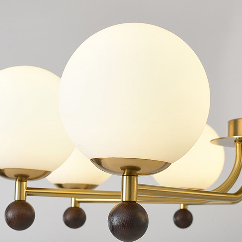 Modern Mid-Century Wood, Glass &amp; Iron Round 6/8-Light Chandelier For Bedroom &amp; Living Room