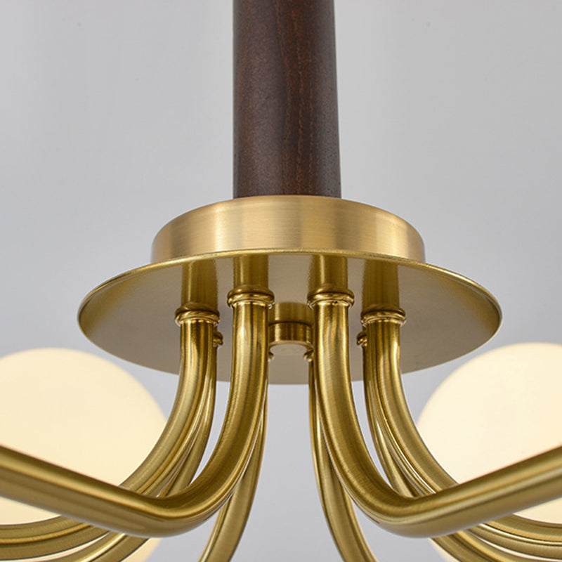 Modern Mid-Century Wood, Glass & Iron Round 6/8-Light Chandelier For Bedroom & Living Room