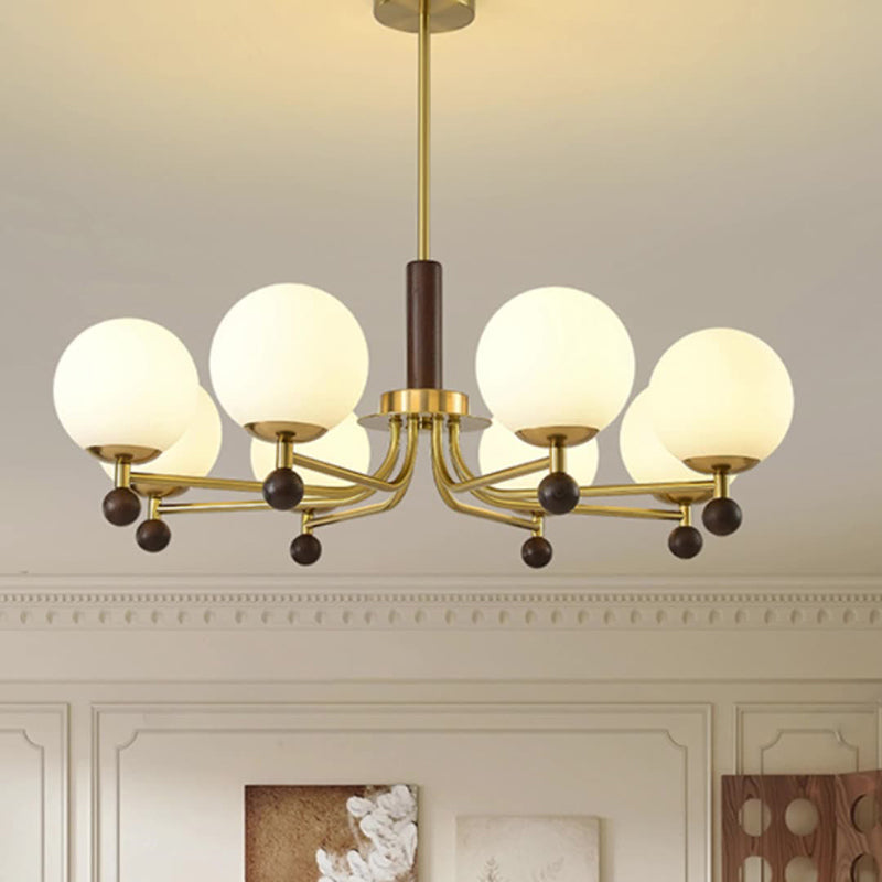 Modern Mid-Century Wood, Glass & Iron Round 6/8-Light Chandelier For Bedroom & Living Room