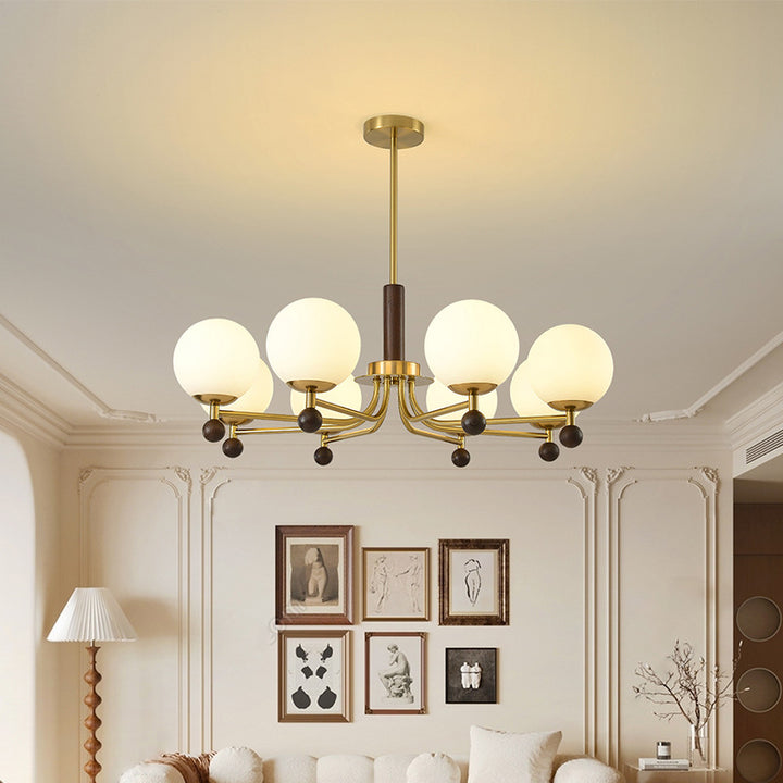 Moderne Mid-Century Holz-, Glas- & Eisen-Rund 6/8-Licht Kronleuchter für Schlafzimmer & Wohnzimmer 