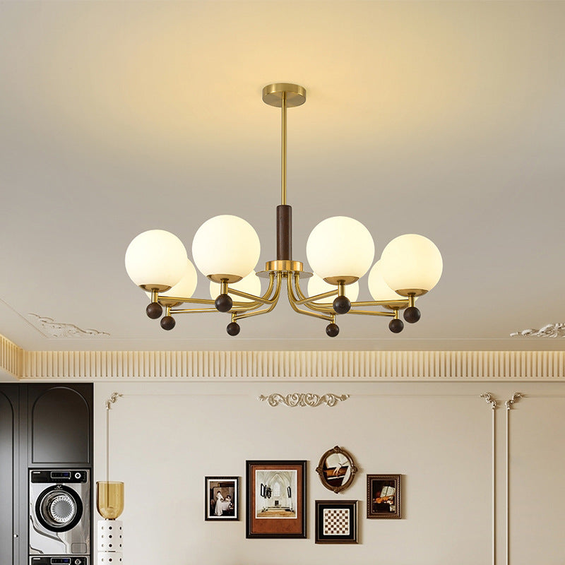 Modern Mid-Century Wood, Glass & Iron Round 6/8-Light Chandelier For Bedroom & Living Room