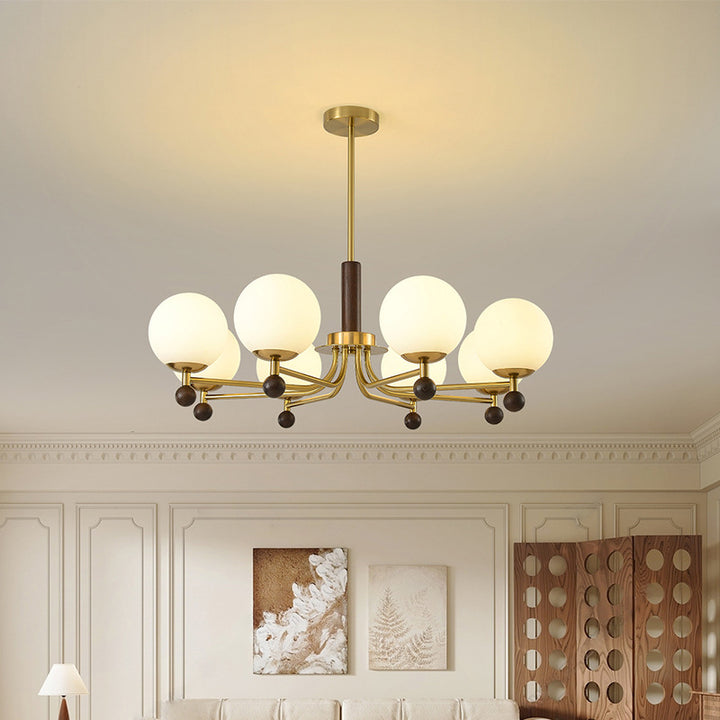 Modern Mid-Century Wood, Glass &amp; Iron Round 6/8-Light Chandelier For Bedroom &amp; Living Room