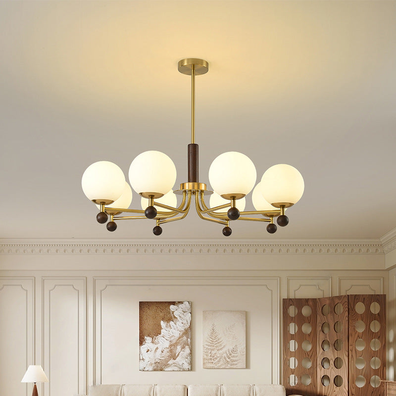 Modern Mid-Century Wood, Glass & Iron Round 6/8-Light Chandelier For Bedroom & Living Room
