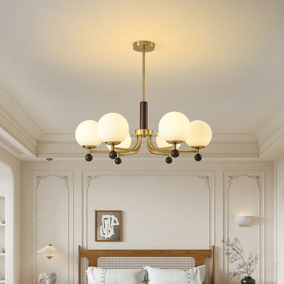 Modern Mid-Century Wood, Glass & Iron Round 6/8-Light Chandelier For Bedroom & Living Room