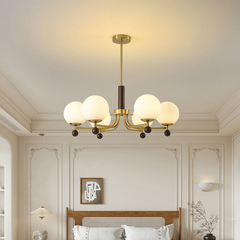 Modern Mid-Century Wood, Glass & Iron Round 6/8-Light Chandelier For Bedroom & Living Room
