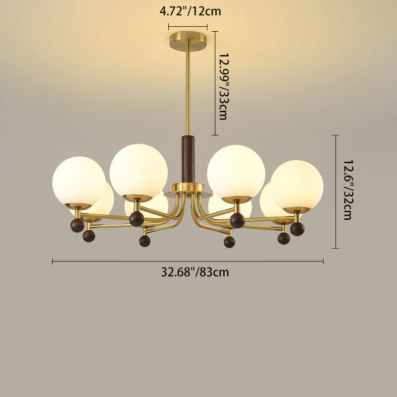 Modern Mid-Century Wood, Glass &amp; Iron Round 6/8-Light Chandelier For Bedroom &amp; Living Room