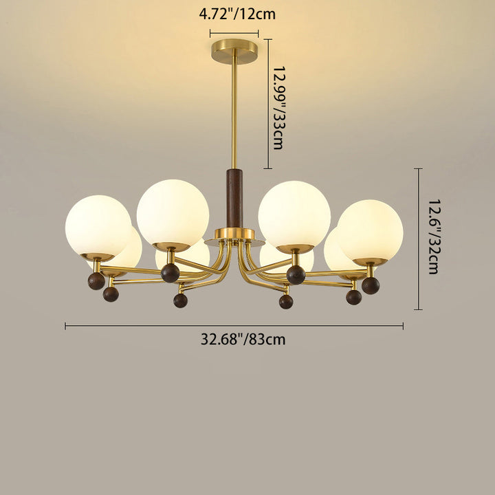Moderne Mid-Century Holz-, Glas- & Eisen-Rund 6/8-Licht Kronleuchter für Schlafzimmer & Wohnzimmer 