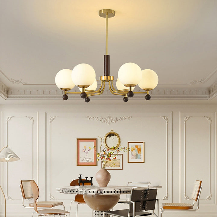 Moderne Mid-Century Holz-, Glas- & Eisen-Rund 6/8-Licht Kronleuchter für Schlafzimmer & Wohnzimmer 