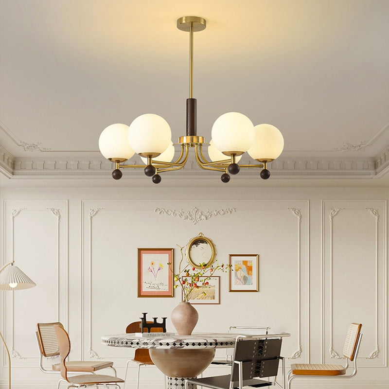Modern Mid-Century Wood, Glass & Iron Round 6/8-Light Chandelier For Bedroom & Living Room