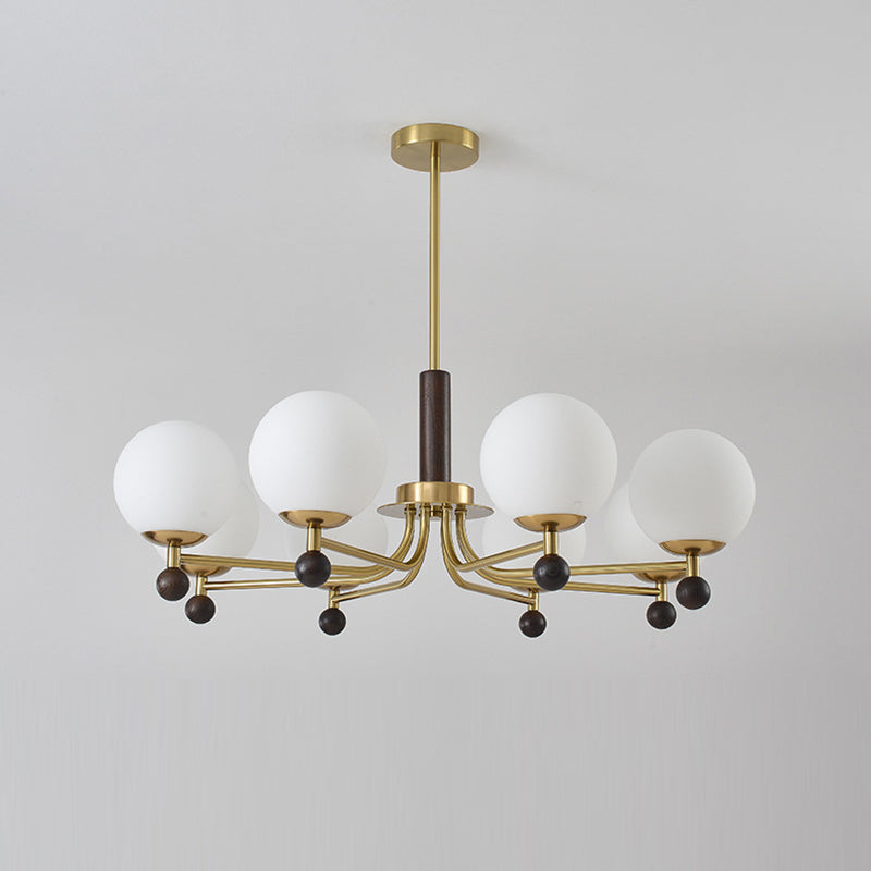 Modern Mid-Century Wood, Glass & Iron Round 6/8-Light Chandelier For Bedroom & Living Room