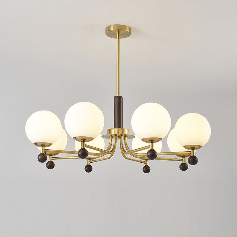 Modern Mid-Century Wood, Glass &amp; Iron Round 6/8-Light Chandelier For Bedroom &amp; Living Room