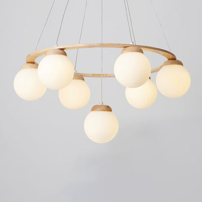 Contemporary Nordic Wood Iron Glass Round 4/6/7-Light Chandelier For Bedroom And Living Room