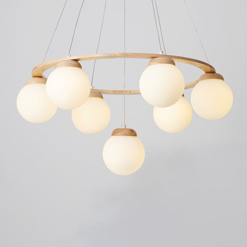 Contemporary Nordic Wood Iron Glass Round 4/6/7-Light Chandelier For Bedroom And Living Room