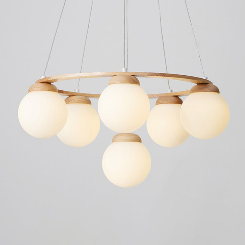 Contemporary Nordic Wood Iron Glass Round 4/6/7-Light Chandelier For Bedroom And Living Room