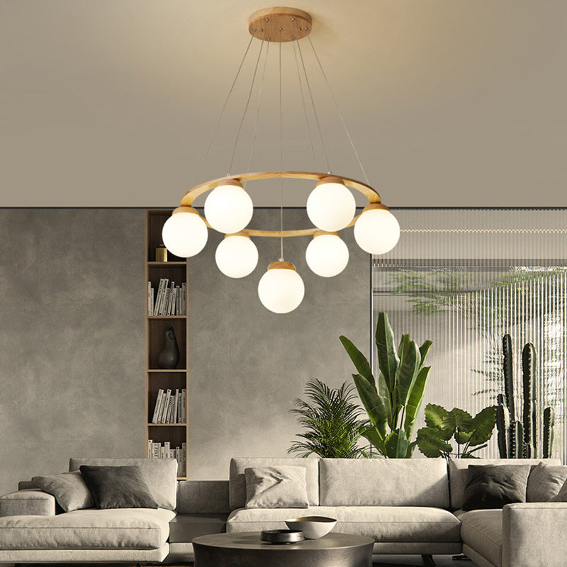Contemporary Nordic Wood Iron Glass Round 4/6/7-Light Chandelier For Bedroom And Living Room