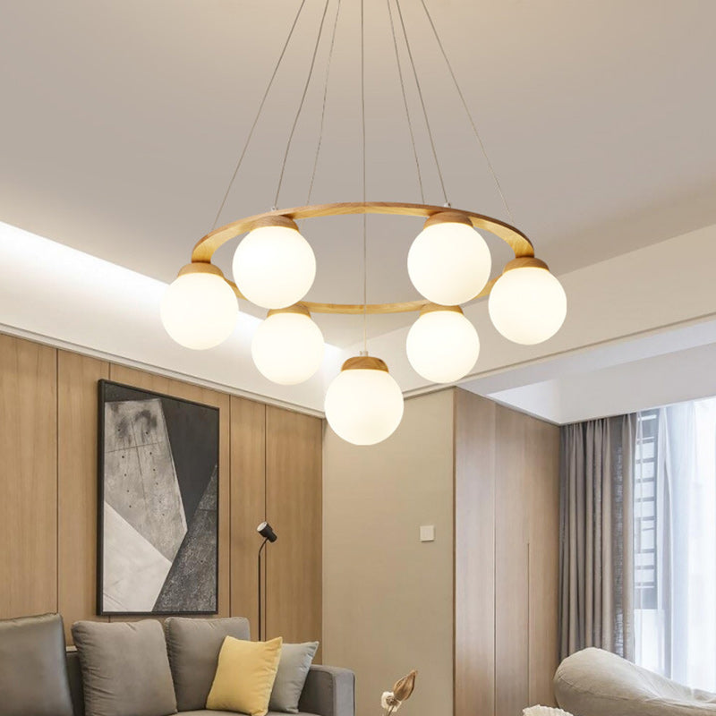 Contemporary Nordic Wood Iron Glass Round 4/6/7-Light Chandelier For Bedroom And Living Room