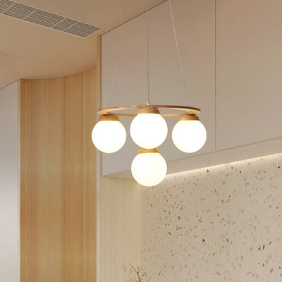 Contemporary Nordic Wood Iron Glass Round 4/6/7-Light Chandelier For Bedroom And Living Room