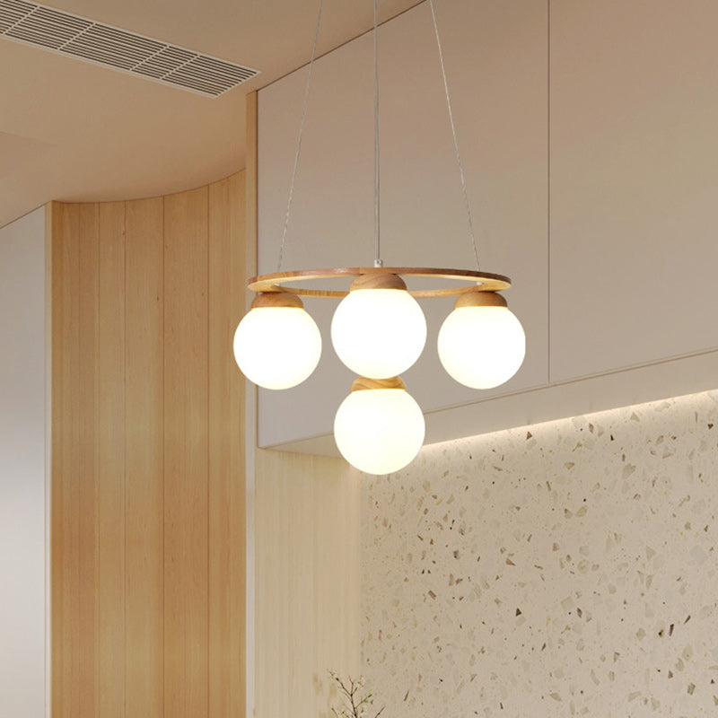 Contemporary Nordic Wood Iron Glass Round 4/6/7-Light Chandelier For Bedroom And Living Room