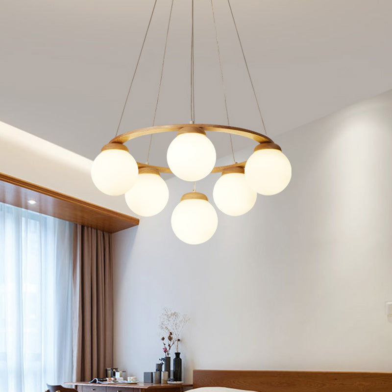 Contemporary Nordic Wood Iron Glass Round 4/6/7-Light Chandelier For Bedroom And Living Room