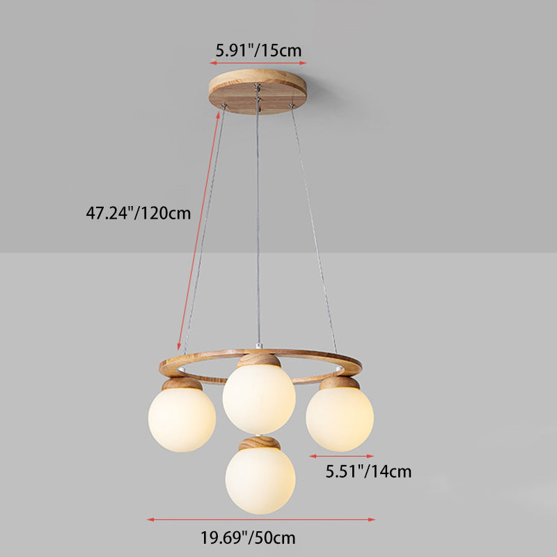 Contemporary Nordic Wood Iron Glass Round 4/6/7-Light Chandelier For Bedroom And Living Room