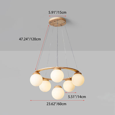 Contemporary Nordic Wood Iron Glass Round 4/6/7-Light Chandelier For Bedroom And Living Room