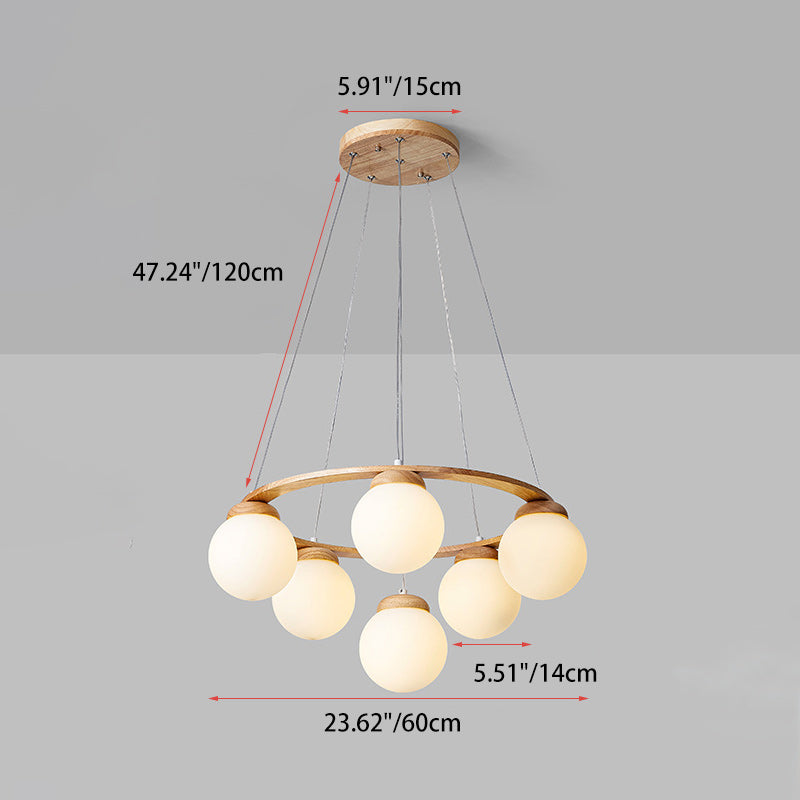 Contemporary Nordic Wood Iron Glass Round 4/6/7-Light Chandelier For Bedroom And Living Room