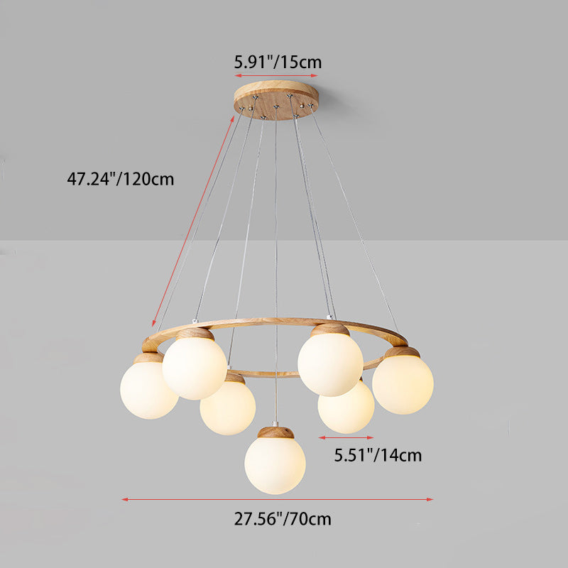 Contemporary Nordic Wood Iron Glass Round 4/6/7-Light Chandelier For Bedroom And Living Room