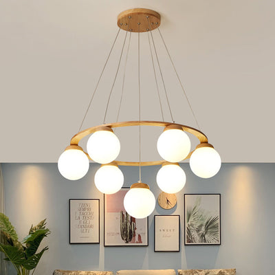 Contemporary Nordic Wood Iron Glass Round 4/6/7-Light Chandelier For Bedroom And Living Room