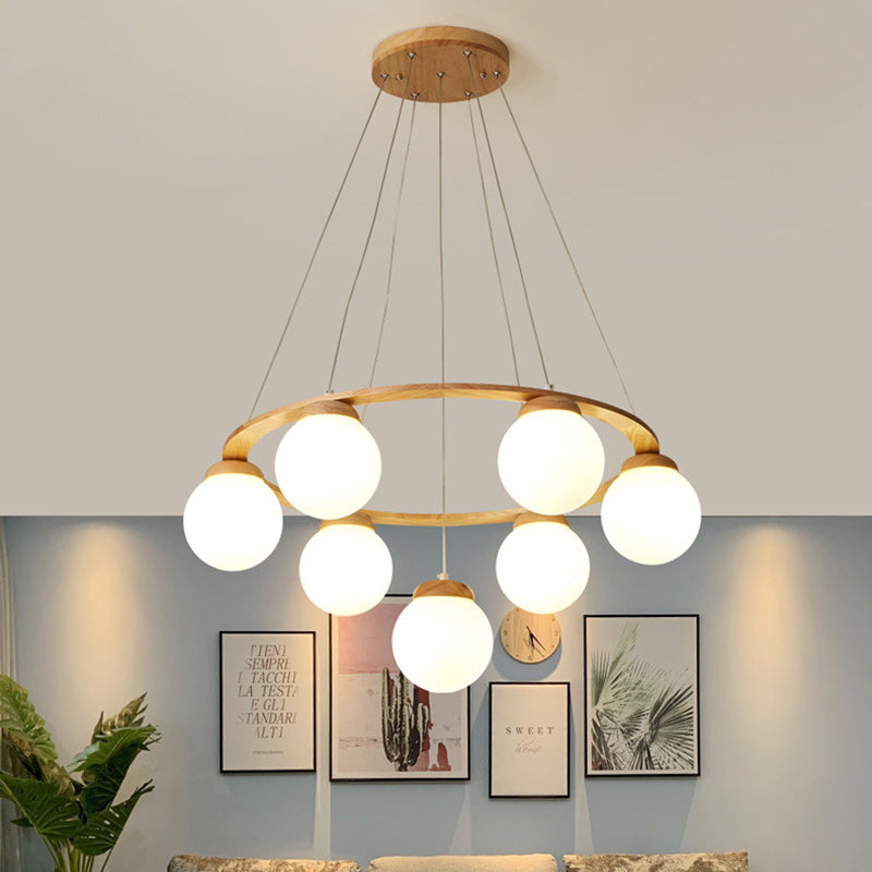 Contemporary Nordic Wood Iron Glass Round 4/6/7-Light Chandelier For Bedroom And Living Room