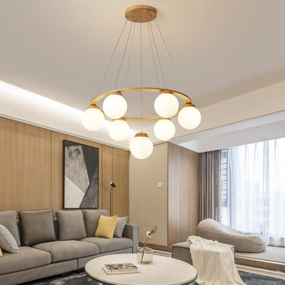 Contemporary Nordic Wood Iron Glass Round 4/6/7-Light Chandelier For Bedroom And Living Room