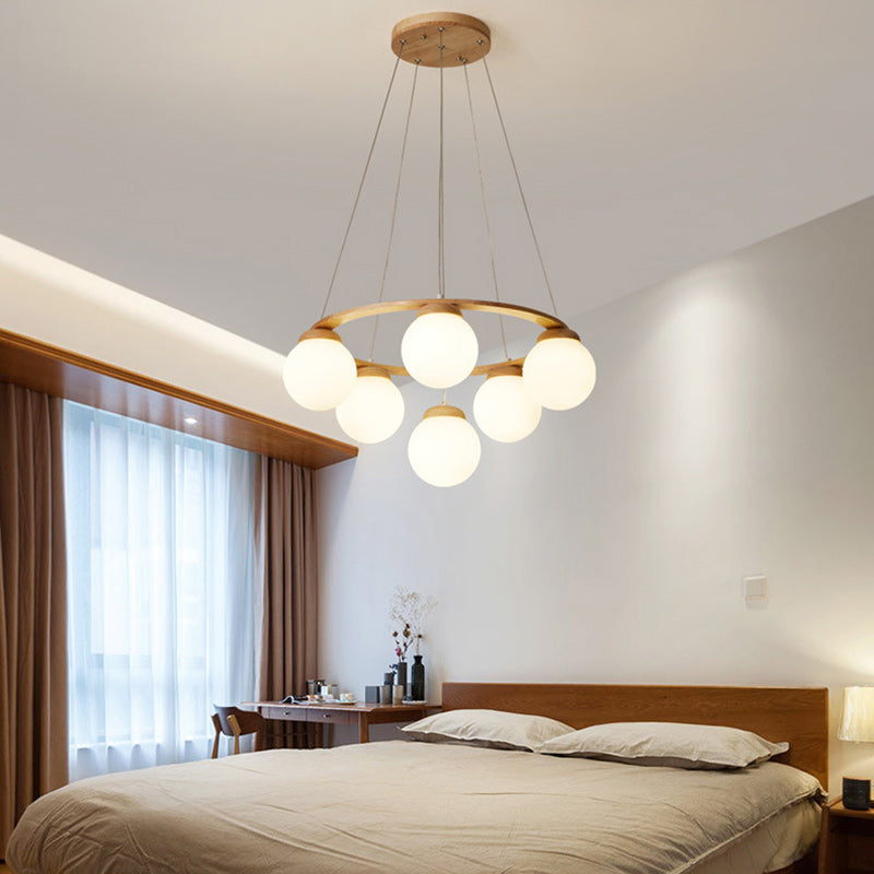 Contemporary Nordic Wood Iron Glass Round 4/6/7-Light Chandelier For Bedroom And Living Room