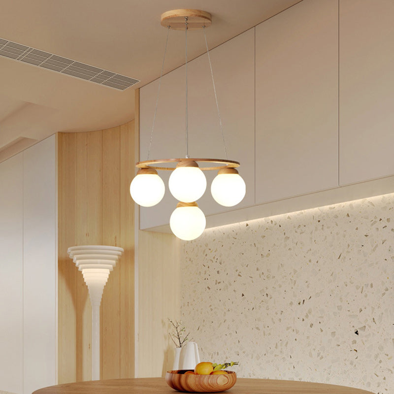 Contemporary Nordic Wood Iron Glass Round 4/6/7-Light Chandelier For Bedroom And Living Room
