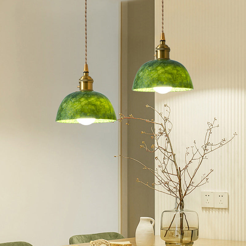 Traditional Japanese Globe &amp; Cylinder &amp; Semi-circle Jade Stone Metal 1-Light Pendant Light For Bedroom &amp; Living Room