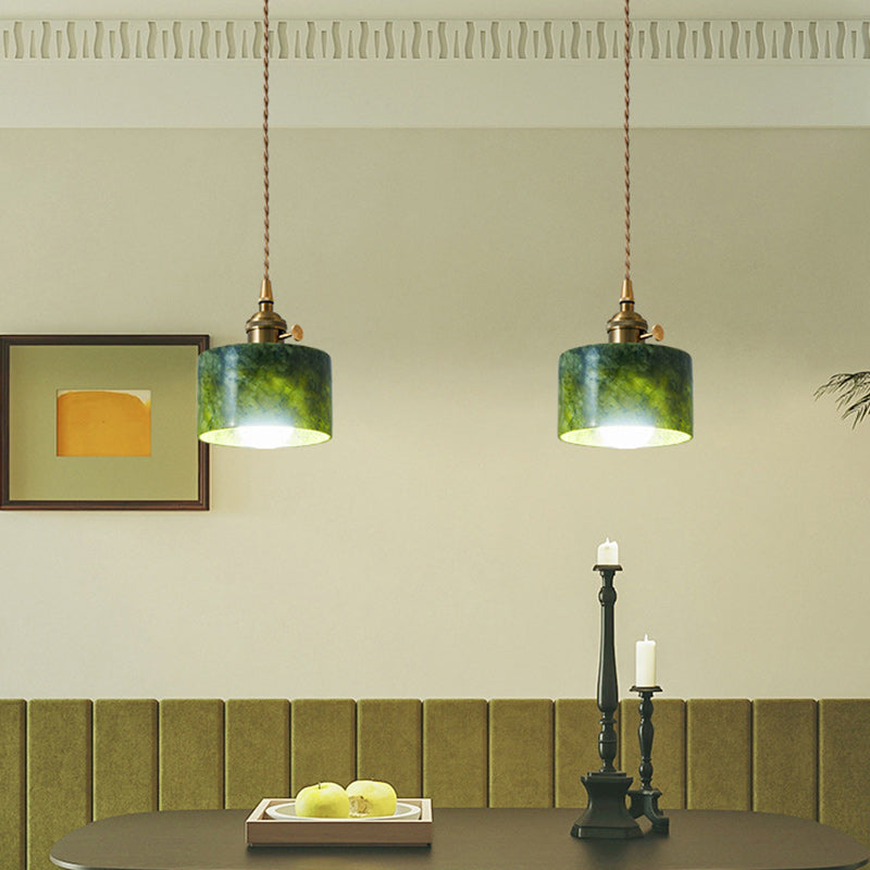 Traditional Japanese Globe &amp; Cylinder &amp; Semi-circle Jade Stone Metal 1-Light Pendant Light For Bedroom &amp; Living Room