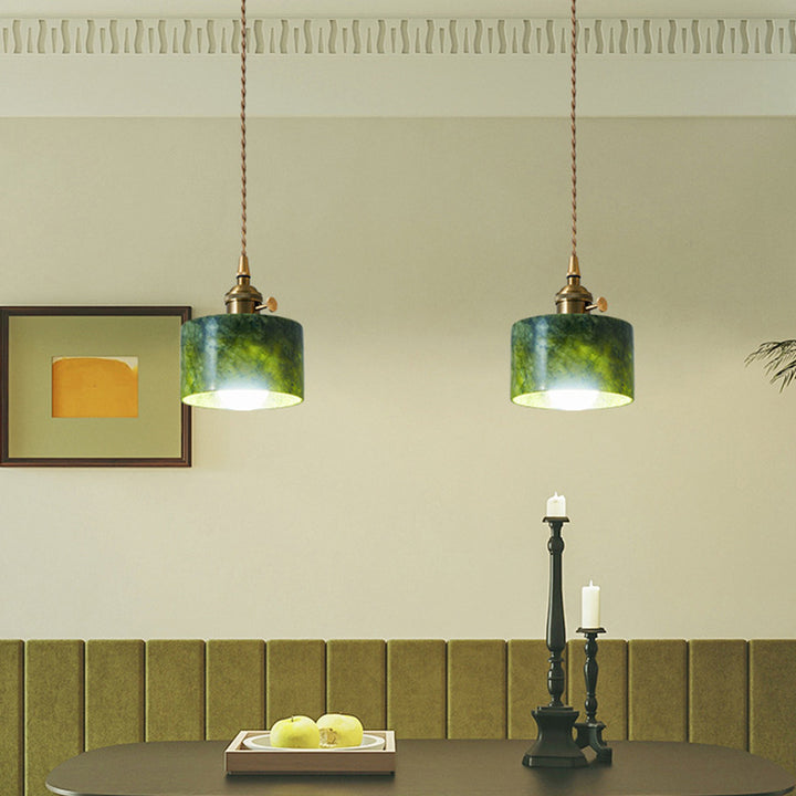 Traditional Japanese Globe &amp; Cylinder &amp; Semi-circle Jade Stone Metal 1-Light Pendant Light For Bedroom &amp; Living Room