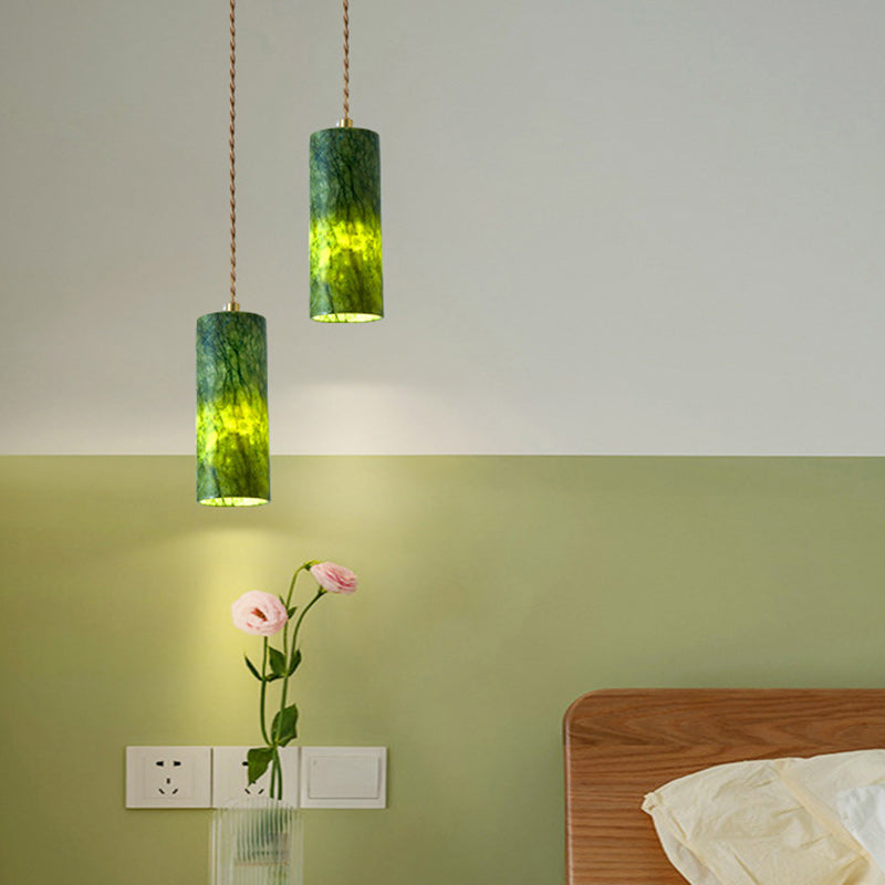 Traditional Japanese Globe &amp; Cylinder &amp; Semi-circle Jade Stone Metal 1-Light Pendant Light For Bedroom &amp; Living Room