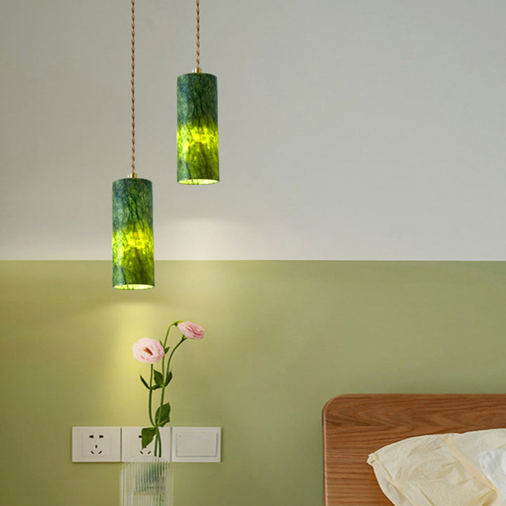Traditional Japanese Globe &amp; Cylinder &amp; Semi-circle Jade Stone Metal 1-Light Pendant Light For Bedroom &amp; Living Room