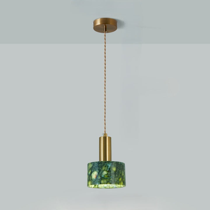 Traditional Japanese Globe &amp; Cylinder &amp; Semi-circle Jade Stone Metal 1-Light Pendant Light For Bedroom &amp; Living Room
