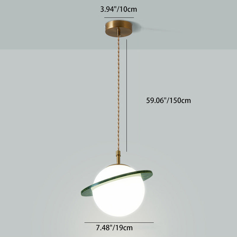 Traditional Japanese Globe &amp; Cylinder &amp; Semi-circle Jade Stone Metal 1-Light Pendant Light For Bedroom &amp; Living Room