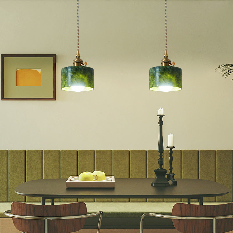 Traditional Japanese Globe &amp; Cylinder &amp; Semi-circle Jade Stone Metal 1-Light Pendant Light For Bedroom &amp; Living Room
