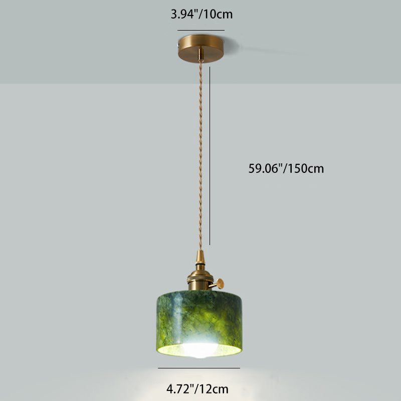 Traditional Japanese Globe &amp; Cylinder &amp; Semi-circle Jade Stone Metal 1-Light Pendant Light For Bedroom &amp; Living Room