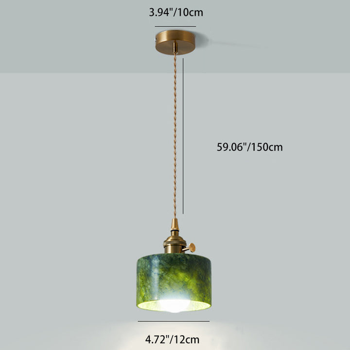 Traditional Japanese Globe &amp; Cylinder &amp; Semi-circle Jade Stone Metal 1-Light Pendant Light For Bedroom &amp; Living Room