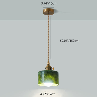 Globe japonais traditionnel & cylindre & demi-cercle lampe suspendue en pierre de jade métal 1-lumière pour chambre et salon 