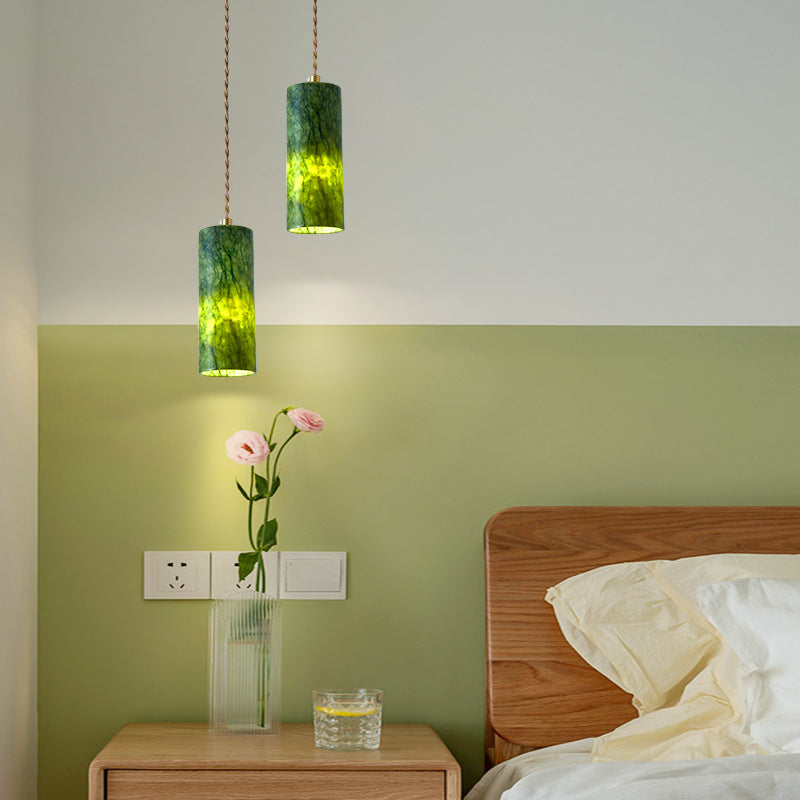 Traditional Japanese Globe &amp; Cylinder &amp; Semi-circle Jade Stone Metal 1-Light Pendant Light For Bedroom &amp; Living Room