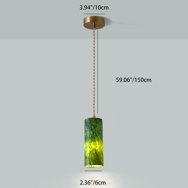 Traditional Japanese Globe &amp; Cylinder &amp; Semi-circle Jade Stone Metal 1-Light Pendant Light For Bedroom &amp; Living Room