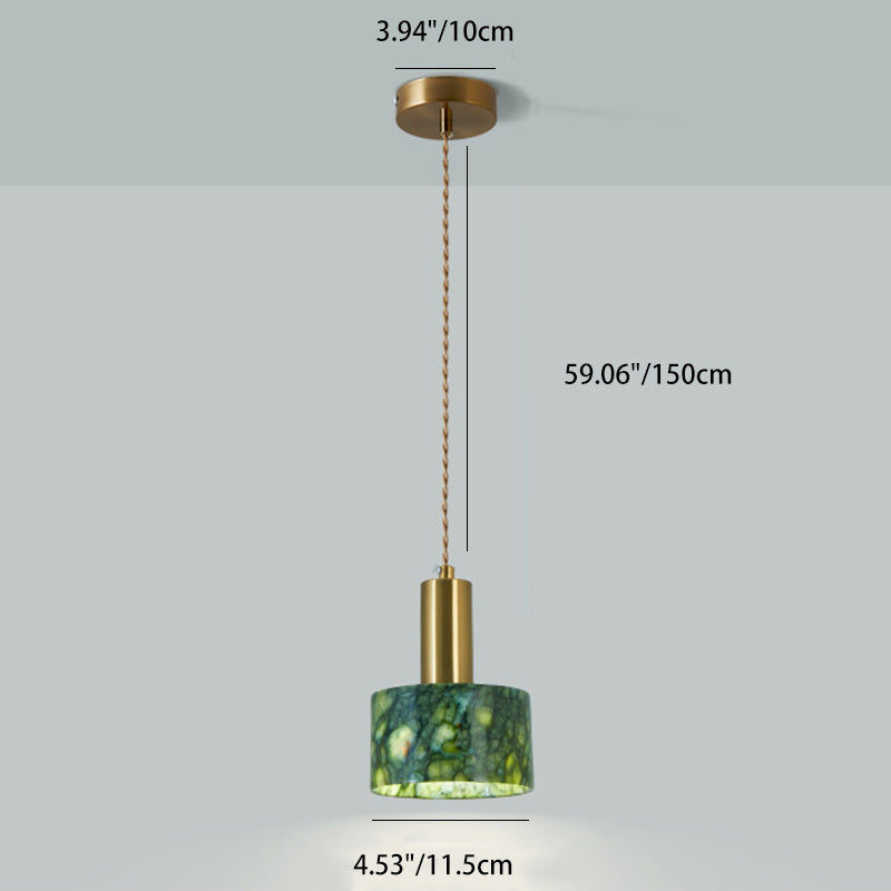 Traditional Japanese Globe &amp; Cylinder &amp; Semi-circle Jade Stone Metal 1-Light Pendant Light For Bedroom &amp; Living Room